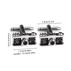 Detail showing vintage camera cufflinks with dimensions and 12.5g weight metrics