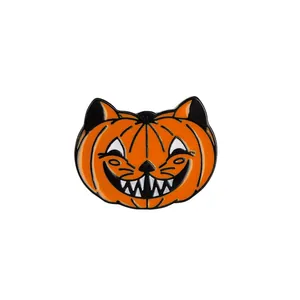 Cartoon Halloween enamel pin featuring a quirky pumpkin and black cat metal badge design