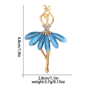 Elegant rhinestone ballet girl brooch with blue enamel dress and gold-tone alloy base