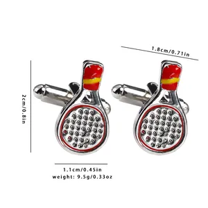 Detail of silver table tennis paddle cufflinks with precise dimensions and weight specs