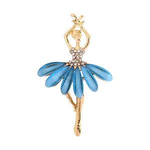Fashionable ballet dancer brooch with blue glitter petals and sparkling crystal rhinestones