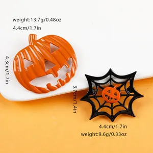 Halloween pumpkin and spider web brooch set with product weight and size details