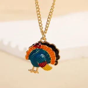 Golden turkey pendant necklace with colorful enamel for Thanksgiving and autumn parties