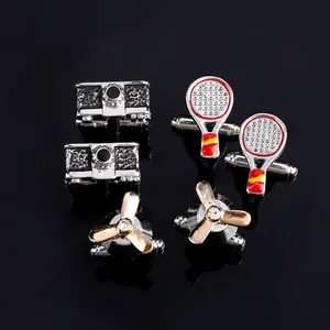 Macro detail of camera, tennis racket, and airplane propeller cufflinks set for men