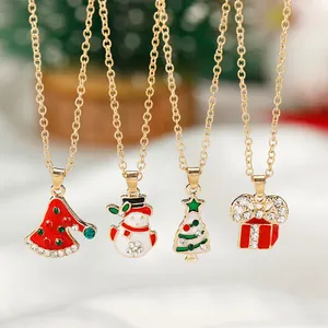 Collana con Pendente di Natale Oro Lega Smalto Strass Babbo Natale Albero Pupazzo di Neve Calza Gioielli Regalo di Natale per Donna