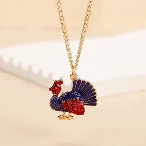 Colorful turkey pendant necklace with gold chain for Thanksgiving and harvest holiday party