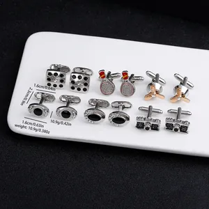 Polished silver cufflinks set featuring dice, camera, and tennis racket designs for men