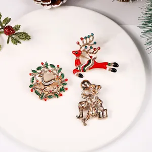 Christmas Brooch Pin Alloy Rhinestone Enameled Festive Jewelry For Women Party Decoration Elk Christmas Tree Snowman Wreath Design