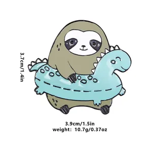 Cute enamel pin featuring a sloth with a dinosaur swim ring on white background