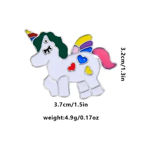 Cute cartoon unicorn enamel pin with colorful wings and heart patterns, 3.2cm x 3.7cm size