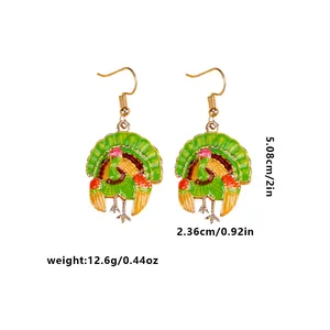 Colorful turkey drop earrings for Thanksgiving in gold finish with measurements