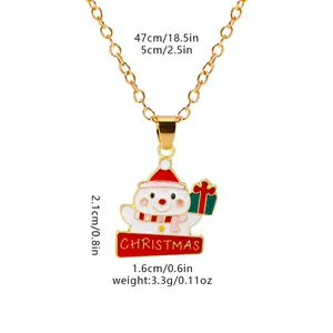 Detail showing a golden necklace with a Christmas snowman pendant and product dimensions