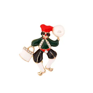 Macro detail of retro clown brooch with multi-color enamel, rhinestones and large pearl