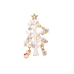 Exquisite Christmas tree brooch with rhinestones and dangling snowman bell charms