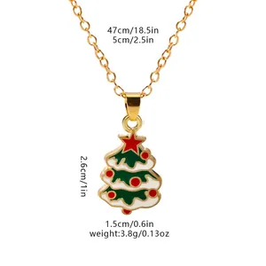 Detailed view of enamel Christmas tree pendant with golden chain and dimensions