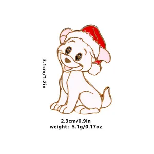 Cute cartoon puppy enamel pin with Christmas hat, 3.1cm tall festive metal brooch