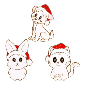 Alloy Enamel Christmas Animal Brooches Dog Rabbit Cat Pins Wearing Christmas Hat For Clothing Bags Holiday Decoration Gift Unisex