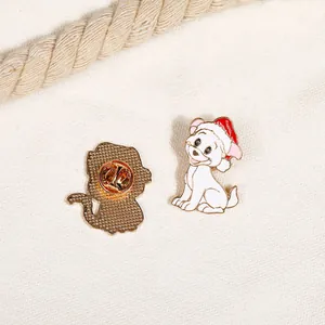 Detailed view of enamel Christmas dog pin front and back with secure butterfly clutch