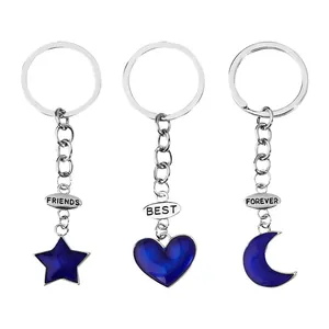 Set di 3 portachiavi Best Friends Forever con ciondoli blu a forma di stella, cuore e luna