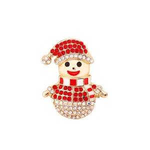 Sparkling Christmas snowman brooch with red and white rhinestones on gold metal base