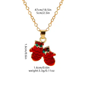 Christmas necklace with red enamel mittens pendant and size dimensions display
