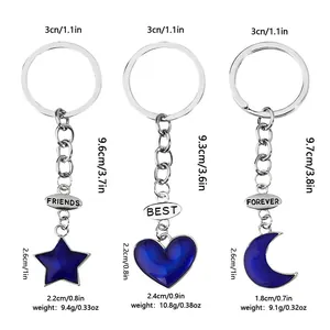 Set di 3 portachiavi per migliori amiche con ciondoli a luna, stella e cuore in smalto blu