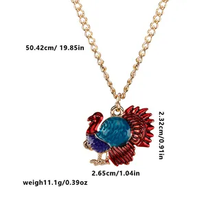 Colorful turkey pendant necklace for Thanksgiving with detailed dimensions and golden chain