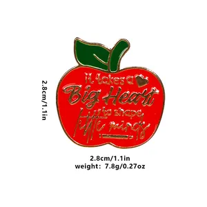 Creative red apple enamel brooch for teachers with gold slogan and green leaf