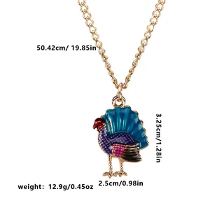 Colorful enamel turkey pendant necklace with gold chain for Thanksgiving party decorations