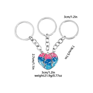 Three-piece heart-shaped friendship keychain set with pink blue gradient glitter and alloy finish