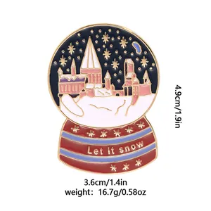 Cartoon crystal ball enamel pin with magic castle and Let It Snow text 4.9cm