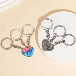 Heart-shaped puzzle keychain set for best friends with glitter resin and engraved metal charms