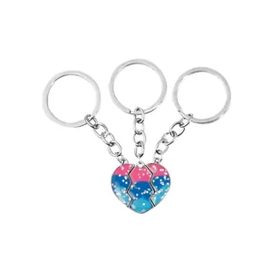 Three-piece heart puzzle keychains set with pink and blue glitter gradient finish