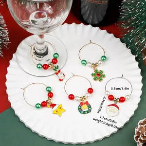 Christmas Wine Glass Charms Set Enamel Snowman Santa Claus Wine Glass Identifiers With Faux Artificial Pearls Beads For Holiday Party Home Bar Table Decoration