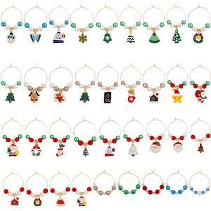 Set of 36 Christmas wine glass charms with festive metal rings and colorful beads