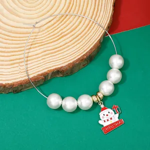 Christmas snowman wine glass charm with white pearls on a silver metal ring