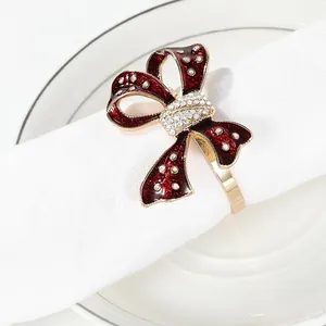 Elegant Alloy Enamel Bowknot Napkin Ring Red Gold Rhinestone Table Buckle For Wedding Hotel Banquet Home Party Tableware Decoration