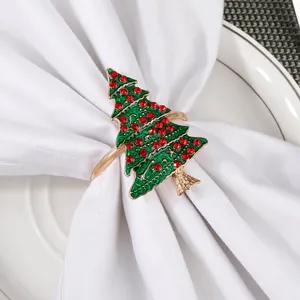 Kerstboom Servetring Goud Legering Groen Emaille Rood Strass Houder Voor Hotel Vakantie Banket Diner Tafel Decoratie