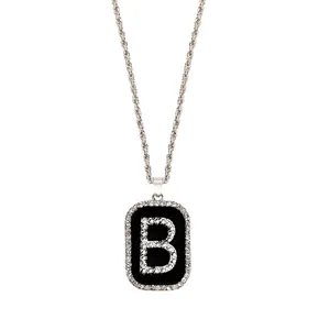 Collar hip hop con colgante rectangular letra B, esmalte negro y cristales brillantes