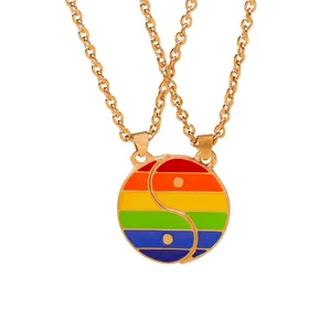 Rainbow Yin Yang necklaces set with gold-plated chains and colorful drip oil pendants