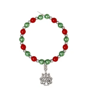 Christmas beaded wine glass charms with festive red green beads and silver tree pendant