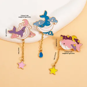 Detailed size specifications for whale enamel pins with stars and metal chains