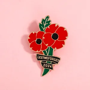 Broche Coquelicot de Commémoration en Alliage Émail Avec Inscription Lest We Forget Fleur Rouge Feuille Bijou Pour Vétérans