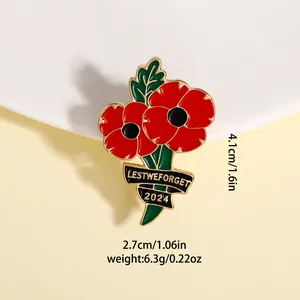 Vue détaillée de la broche en émail coquelicot rouge avec dimensions et texte