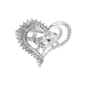 Sparkling silver rhinestone heart ring with double heart layered design for women