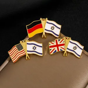 Double flags metal enamel pins with Germany USA UK and Israel flags on gold base