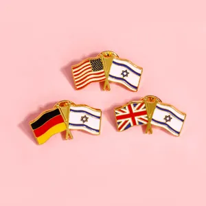 Crossed flags metal lapel pins featuring US, Germany, UK and Israel flags with gold trim