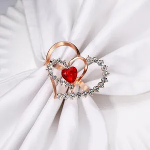 Fashion Alloy Rhinestone Double Heart Napkin Ring Rose Gold Red Gem Napkin Buckle For Valentine's Day Wedding Dining Table Decor