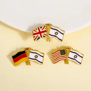 Macro detail of high-quality metal enamel lapel pins with crossed international flags