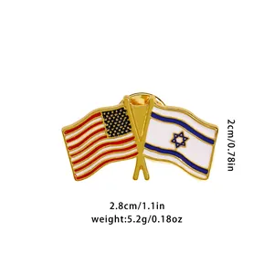 Crossed USA and Israel flags enamel lapel pin in gold finish metal, 2.8cm wide